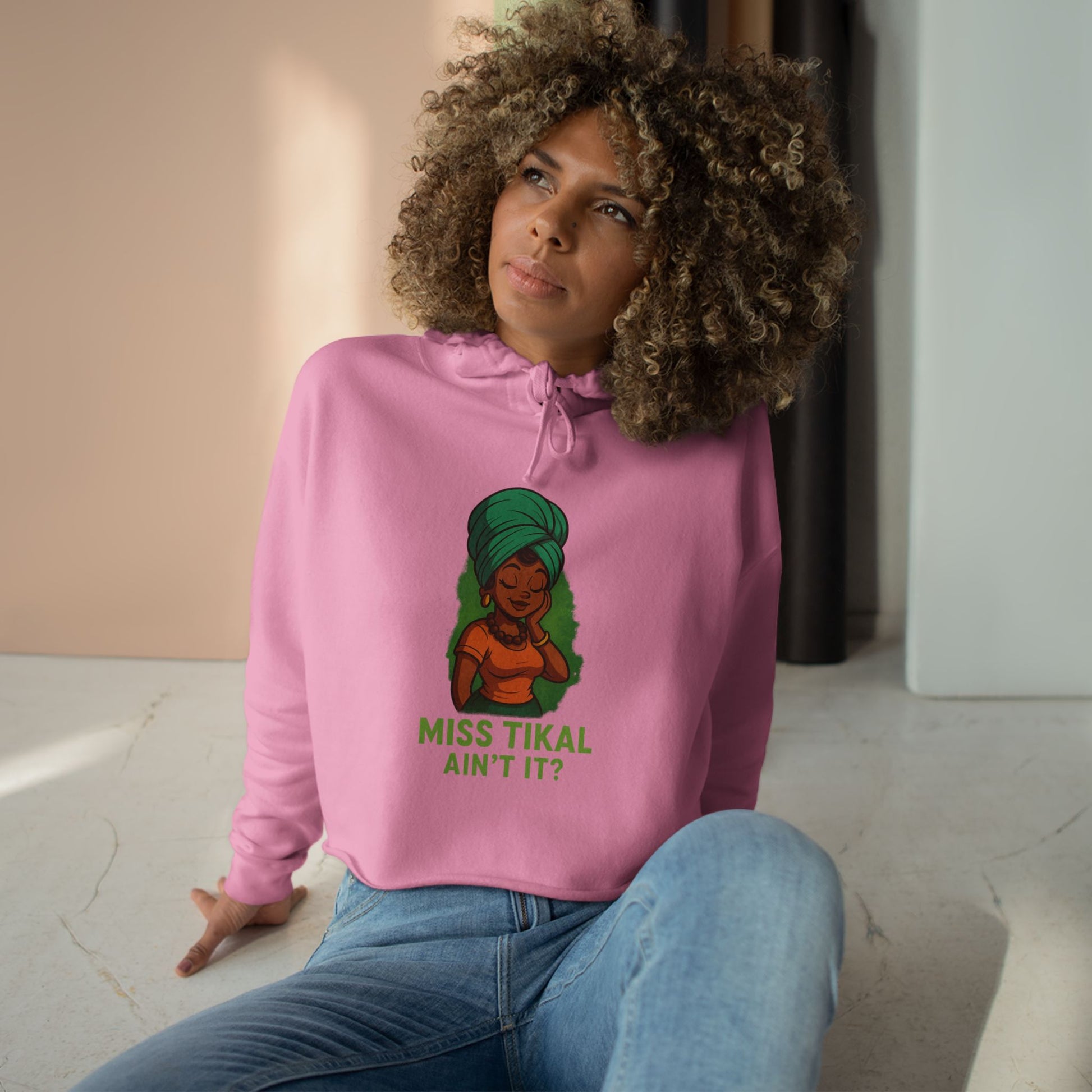 Vibrant Crop Hoodie with Miss Tikal Design, Cozy Streetwear, Perfect for Casual Outings, Gifts for Her, Summer Vibe - Wayal Store