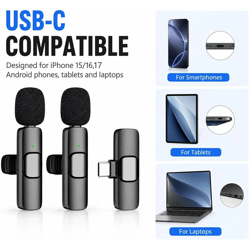 Wireless Lavalier Microphone For iPhone 15/16/17 Series Android Devices Noise Cancelling Mini Lapel Microphone for Vlogging Mic - Wayal Store